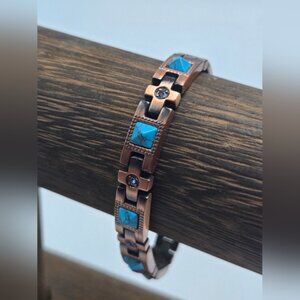 Copper Magnetic Turquoise Bracelet Blue Tiny Rhinestone Statement Fashion Modern